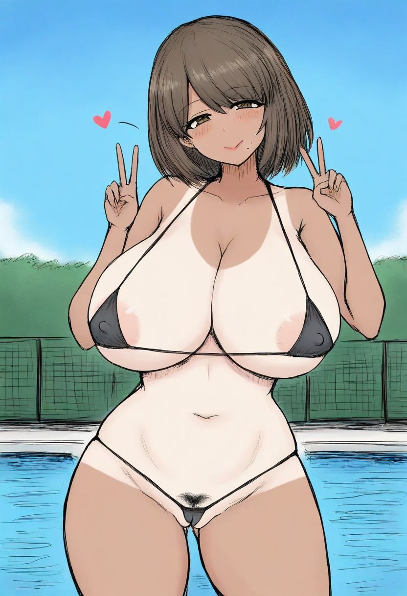 masterpiece, detailed face, cinematic lighting, volumetric lighting, bloom, rim lighting, post processing, uncensored, Katsuragi Aiko is standing, showing V sign, cowboy shot, 5 fingers, 1girl, mature female, solo, looking at viewer, half-closed eyes, head tilt, light smile, blush, naughty face, heart, brown hair, short hair, brown eyes, mole under mouth, lipstick, micro bikini, black bikini, voluptuous, huge breasts, thick thighs, female pubic hair, cameltoe, covered nipples, outdoors, pool, blue skies, day,tan lines,blackss <lora:Black_souls_ill-000015IL:1>