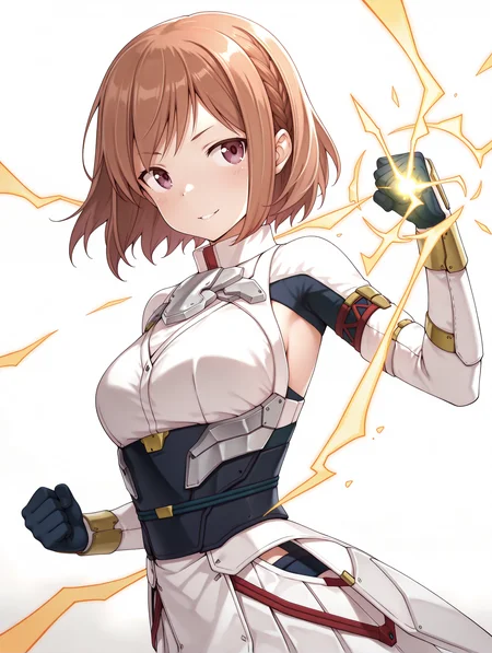 masterpiece,best quality,newest,
1girl,solo,
<lora:shiina_ilxl_v2.7:1>,shiina,short hair,brown hair,purple eyes,
futumushi,gloves,armor,white skirt,yellow lightning,magic,fist,clenched fist,<lora:Fixhands_anime_bdsqlsz_V1:1>,dynamic_angle,cinematic_angle,looking_at_viewer,standing,posing,simple_background,white_background,upper_body,face_focus,smile,light_blush,parted lips,