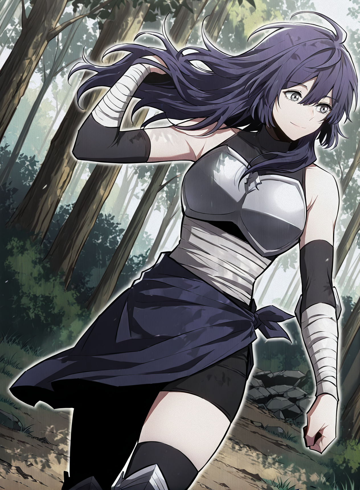 <lora:Lensa__The_Beginning_After_the_End__Illustrious:1>
Lensa, purple hair, dark ninja outfit, long purple hair, messy hair, layered hair, side bangs, gray eyes, 
black sleeveless top, armor chestplate, tied waist cloth, short skirt wrap, thigh-high black stockings, armored knees, athletic build
score_9, score_8_up, score_7_up, very aesthetic, source_anime, detailed, high quality, beautiful, masterpiece, detailed eyes, forest, tree, ruins, cowboy shot, dynamic angle, upper body, light smile, dynamic pose