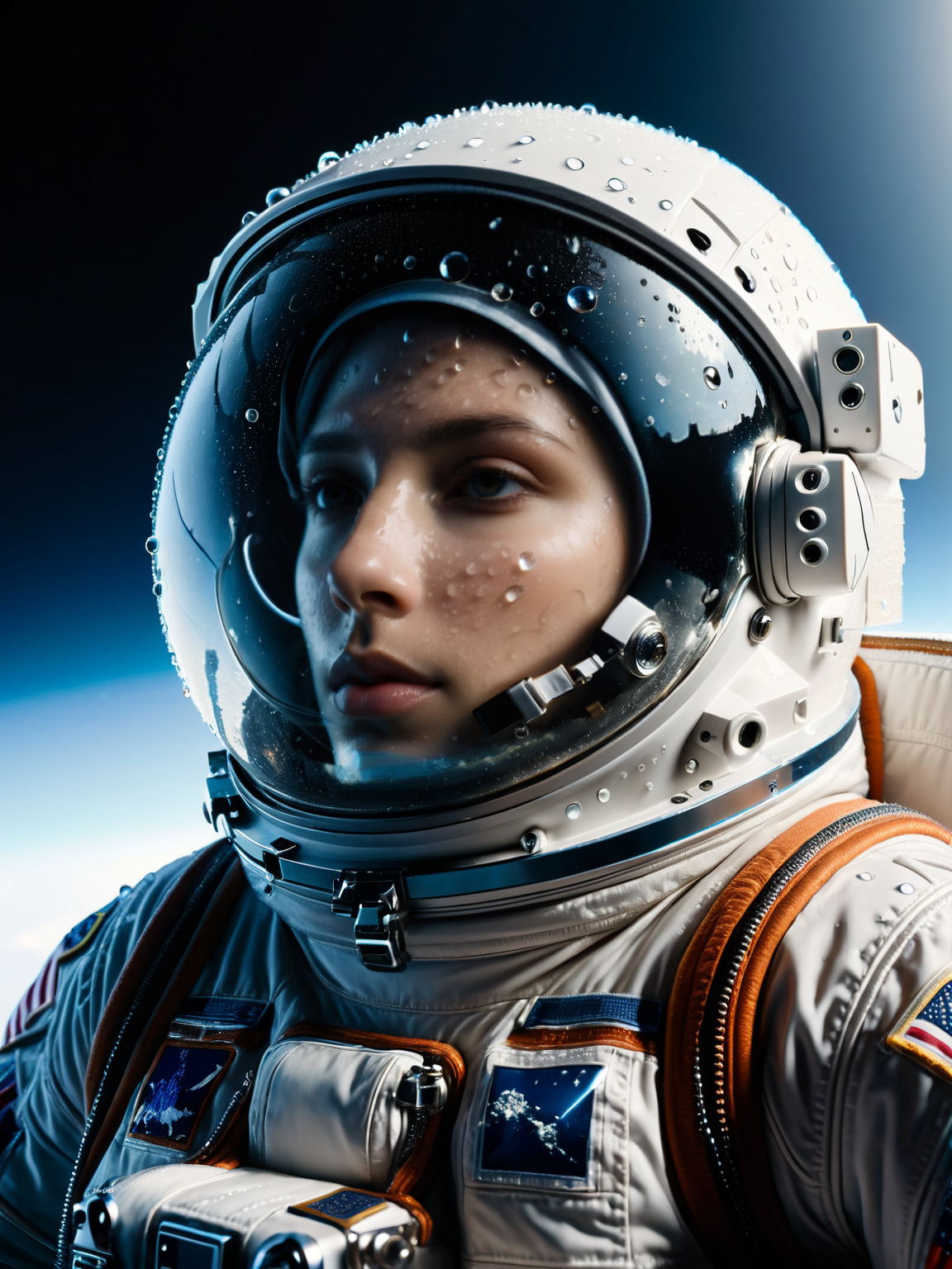 an ais-waterdrops astronaut floating in space, their visor reflecting the Earth <lora:Waterdrops_Style_SDXL:1>
