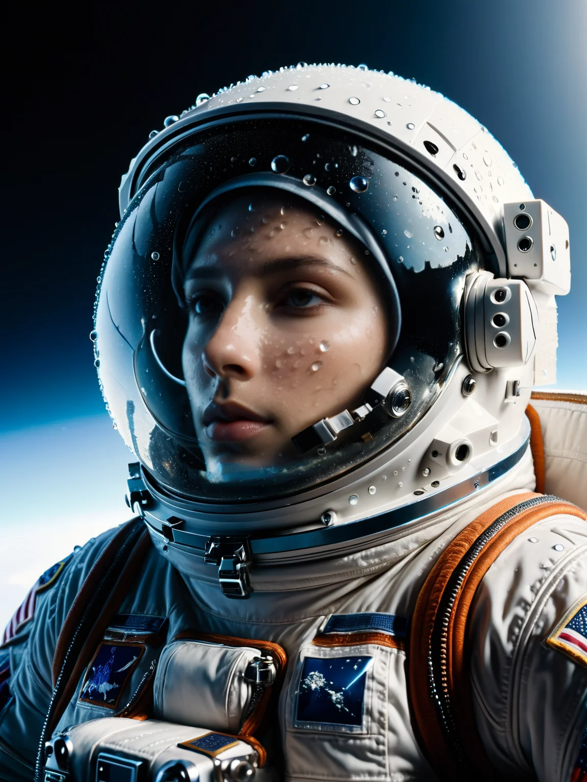 an ais-waterdrops astronaut floating in space, their visor reflecting the Earth <lora:Waterdrops_Style_SDXL:1>