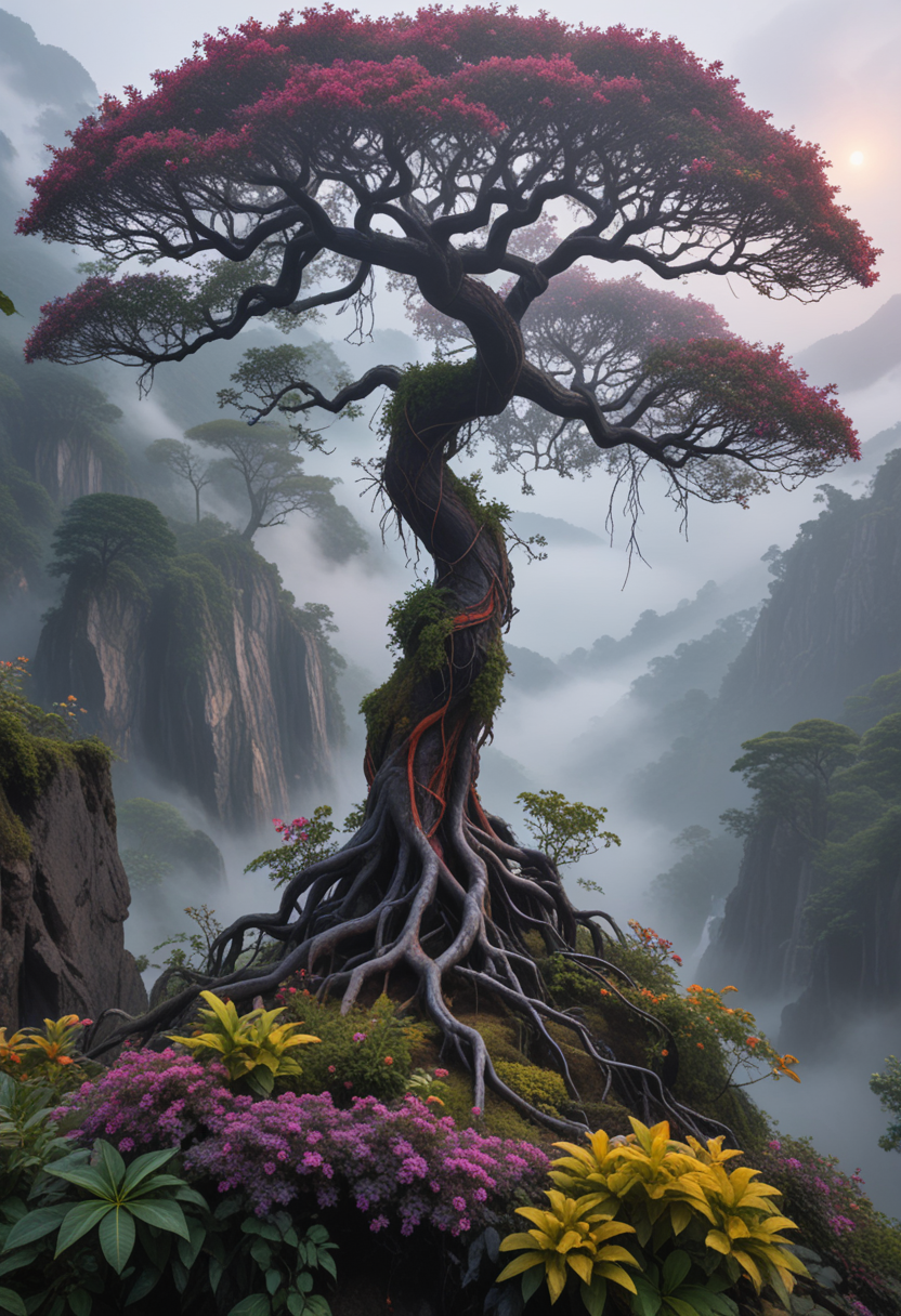 (medium full shot) of (exotic tree) with multicolored black bark, multicolored foliage, intertwined branches, sprawling roots, blossoms, mystical vines, located in  a misty mountain, with steep slopes covered in dense forest, a soft mist hanging in the air, an air of mystery and adventure, at dawn, Masterpiece,best quality, photo, realistic, very aesthetic,