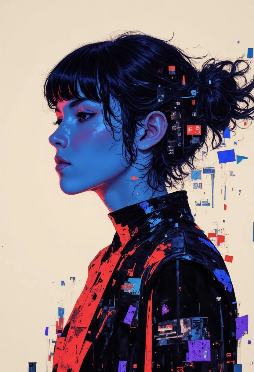 Create a dynamic portrait of a woman in profile, captured mid-motion, with strands of hair flowing dramatically. The lighting should blend vibrant blue and red tones, evoking a 90s aesthetic. Add faint film grain for texture, soft glow for depth, and subtle chromatic aberration to enhance realism. Incorporate glitch effects and VHS-style distortion, with artifacts like color streaks and scanlines running across the composition. Ensure the background remains minimalist to highlight the subject's silhouette and the interplay of light and shadow. The overall mood should feel nostalgic yet futuristic, combining analog imperfection with digital flair