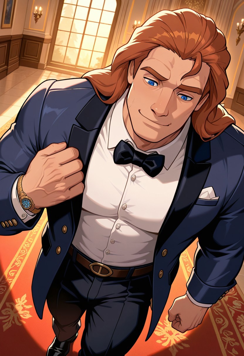 masterpiece,best quality,amazing quality,very aesthetic,absurdres,newest, huge filesize, Prince_Adam_BTB, 1man male focus, solo, auburn hair, blue eyes, lean and muscular, mature, long hair, strong, tall, manly, masculine, classy, soulful eyes,  artistic,  score_9, score_8_up, score_7_up, Masterpiece, Best Quality, beautiful eyes, detailed eyes, male focus, dynamic angle, male focus, solo, face focus, front view, gentle smile, standing, ((male)), ((mature)), ((adult)), handsome, sexy, ((slender)), ((pecs)), ((bara)), ((twunk)), Prince_Adam_BTB, 1man, auburn hair, blue eyes, SUBTLE SMILE, proportional body, Golden Hour Shot, Tuxedo, tailored suits, dress shirts, polished dress shoes, polo shirts, chinos, trousers, casual jackets, overcoats, peacoats, Omega watch, tie, bow tie, pocket square, leather belt,  ballroom