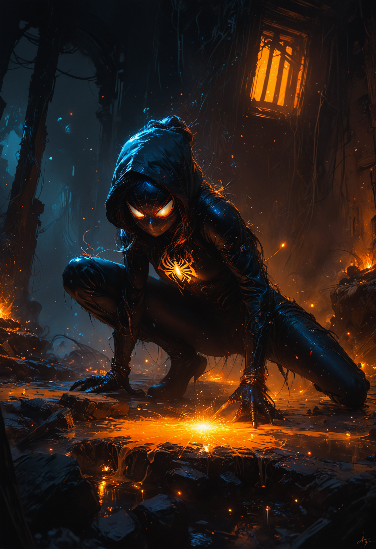 Low angle shot of Spider woman crouching, visible brush marks, gouache, oil painting, illustration, concept art, haze, layering elements, foreground element, craig mullins, (painted by jaime jones), ruanjia, (by yizheng ke), splash art, character showcase, backlit, glowing shadows, Rembrandt lighting, beautiful gradients, highlights, high quality, detailed, artstation, deviantart, adobe kuler palette, bokeh  <lora:SDXLFaeTastic2400:0.4>
  <lora:Vivid Midjourney mimic - XL SDXL v2.0:0.5>  <lora:detailed_notrigger:0.6> <lora:zavy-cntrst-sdxl:0.7>