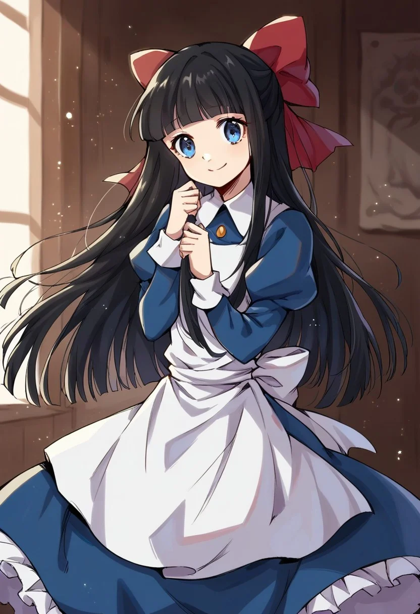score_9, score_8_up, score_7_up, source_anime,
ayadrevis, <lora:aya-drevis-ponyxl-lora-nochekaiser:1>,
aya drevis, long hair, blue eyes, black hair, hair bow, red bow, bangs, blunt bangs,
long sleeves, dress, frills, puffy sleeves, apron, blue dress, indoors, solo, cowboy shot, straight-on, smiling, cute smile,