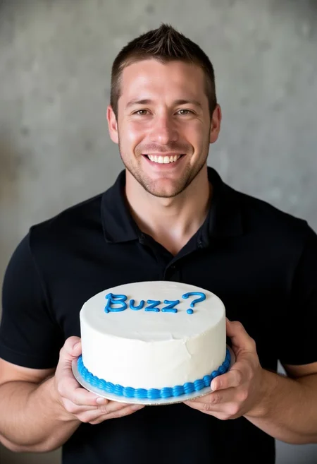 Portrait of a middle-aged man, light-skinned, holding a celebratory cake. Friendly and joyful expression, smiling broadly. Casual, black collared shirt, medium build. Man holds a round white cake with a blue icing that reads "Buzz?!" in a stylized font. A white cake base, topped with a thin blue icing trim around the base of the cake. A neutral gray textured backdrop. Natural, indoor lighting, soft and well-distributed, creating clear, defined images. Composition is centered, close-up view. Portrait style. Casual, celebratory tone, joyful atmosphere.