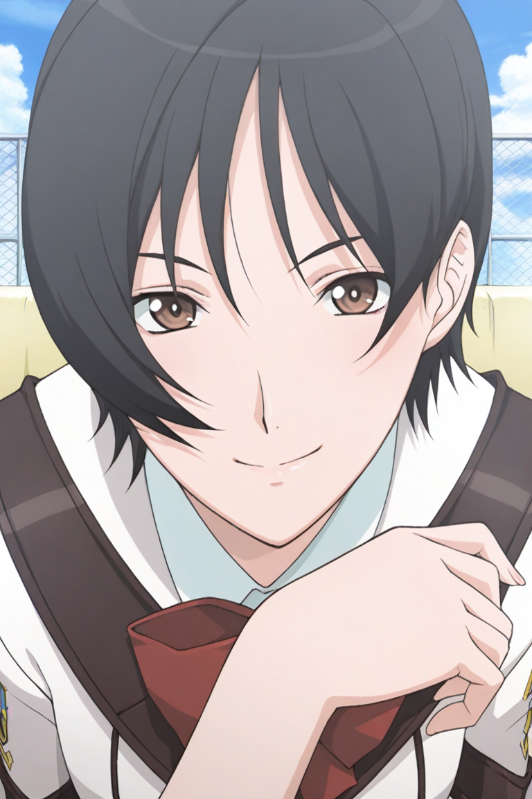 masterpiece, best quality, source_anime,official art,perfect_anatomy,1girl,Motoko_Hara,black_hair,short_hair,school_uniform,(face focus, beautiful detailed face,looking_at_viewer,smile),crossed_arms,cowboy_shot,day,blue_sky,cloud