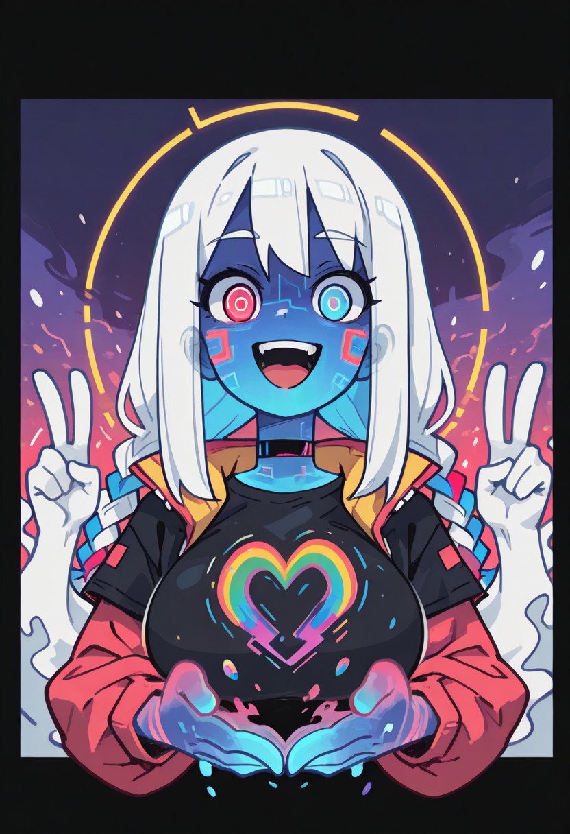 1 girl , solo , vibrant color , abstract , blue hair , white hair , ((hair stripes)) , heterochromia , red eye , blue eye , braided hair , long hair , rainbow color , rainbow glow , ((rainbow hands , glowing hands ,ghost hand , dissolving hands)) , heart hand , V , smile , (rainbow braid:1.3 ), open tech jacket , t-shirt , choker , looking at viewer , open mouth , circuitry face markings , (split face) , blue face , transparent body , holding floating orbs ,
masterpiece ,best quality ,amazing quality, gerph ,S4bit4mago_illu ,Flatline, Flat vector illustration ,