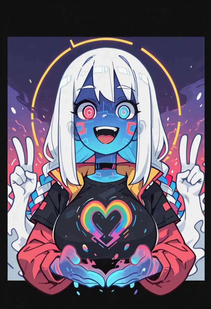 1 girl , solo , vibrant color , abstract , blue hair , white hair , ((hair stripes)) , heterochromia , red eye , blue eye , braided hair , long hair , rainbow color , rainbow glow , ((rainbow hands , glowing hands ,ghost hand , dissolving hands)) , heart hand , V , smile , (rainbow braid:1.3 ), open tech jacket , t-shirt , choker , looking at viewer , open mouth , circuitry face markings , (split face) , blue face , transparent body , holding floating orbs ,
masterpiece ,best quality ,amazing quality, gerph ,S4bit4mago_illu ,Flatline, Flat vector illustration ,