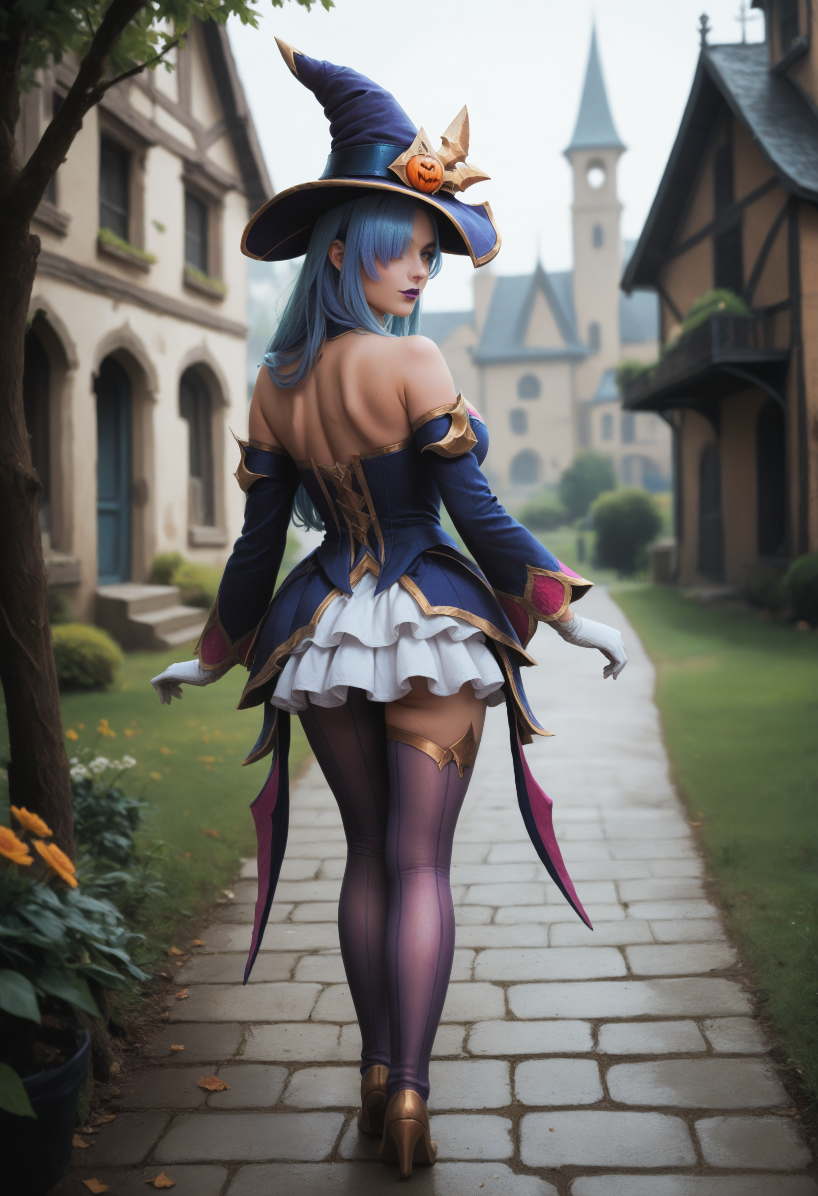 score_9, score_8_up, score_7_up, (masterpiece, best quality), bewitching syndra, long blue gradient hair, hair over one eye, bangs, purple eyes, purple lipstick, makeup,
witch hat, detached collar,
long detached sleeves, white gloves, 
single purple pantyhose, single purple thighhigh, asymmetrical legwear,
long multicolored dress, 
outdoors, from behind, looking at viewer,