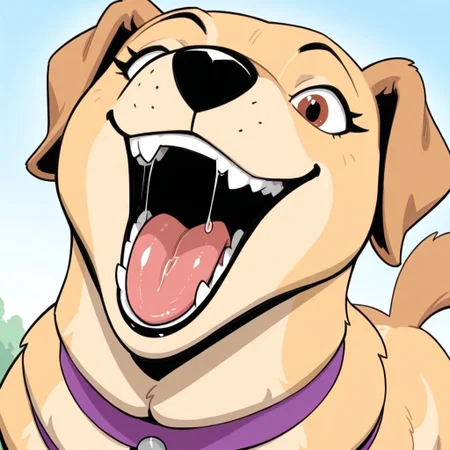 Lola(P.B.), Solo, 1girl, feral, dog, Labrador retriever, yellow fur, brown eyes, black nose, dog tail, dog ears, purple collar, looking at viewer, face focus, smile, mouth wide open, grin, mawshot, open mouth, imminent vore, oral invitation, saliva, tongue, dutch angle,