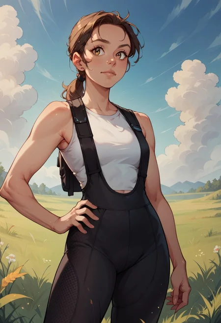 score_9, score_8_up, score_7_up, score_6_up, 1girl, cute, brown hair, ponytail, white bl tank top, black cycling bib, hand on hips, in grassy field, blue sky, portrait