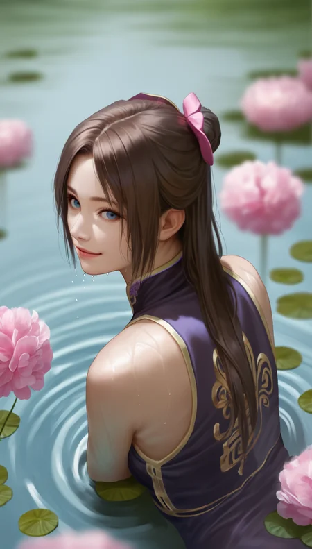 score_9,score_8_up,score_7_up,
<lora:diaochan:0.9>,
diaochan,
highres,photorealism,Cinematic Lighting,bloom,
1girl,solo,brown hair,long hair,bangs,
blue eyes,looking at viewer,smile,parted lips,
purple cheongsam,
portrait,back view,on stomach,
wet,from above,in water,
blurry background,outdoors,flowers in background,(clear water:1.1),light particles,