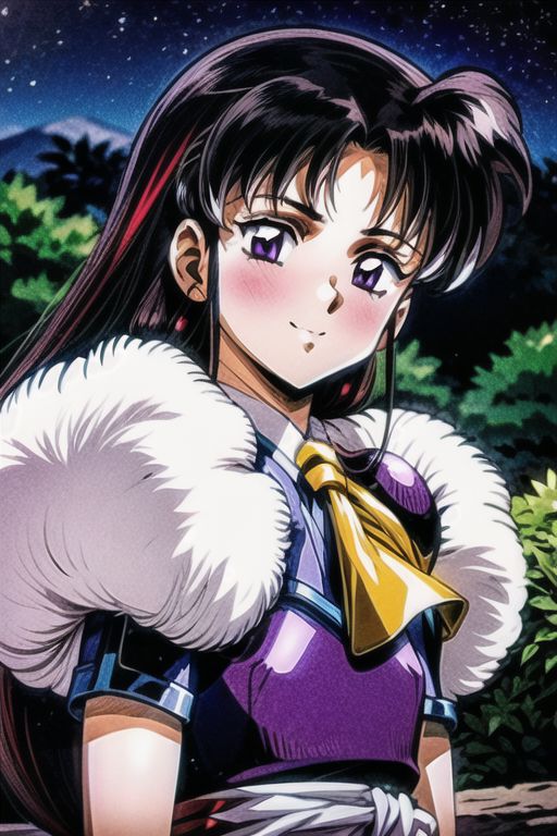 best quality 1girl Setsun4 solo long hair,  (night time) forest background black hair very long hair purple eyes multicolored hair armor, small, (fur trim) (medium body),<lora:EMS-179-EMS:0.800000>,<lora:EMS-293862-EMS:0.800000> bow, hair_bow, hair_tubes, red_bow, brown_hair, long_hair, bangs, ascot, frilled_bow, yellow_ascot, blush, smile, hair_between_eyes, athletic, armor, miko,  Smiling, happy,
