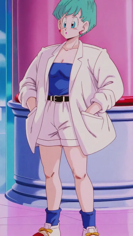 source_anime, masterpiece, best quality, amazing quality, anime screencap, high quality, 8k, absurdres, official style, 1girl, solo, looking around, standing, hands in pockets, <lora:Bulma_Early_Z_iL:1>, 8u1m4 Z early, blue eyes, aqua hair, raditz saga, short hair, jacket, blue tube top, cleavage, shorts, white shorts, shoes, socks, belt, makeup, lipstick,