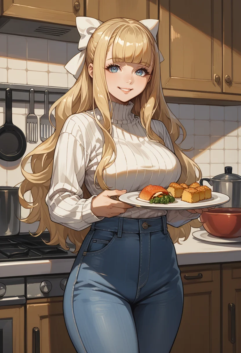 score_9, score_8_up, score_7_up, source_anime, 1girl, cowboy shot, looking at viewer, smile, holding plate, food, <lora:CharlotteFE-pdxl:1> defChar, long hair, blunt bangs, blonde hair, white hair bow, large breasts, ribbed sweater, long sleeves, jeans, indoors, kitchen