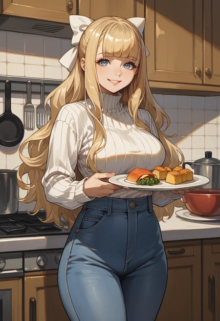 score_9, score_8_up, score_7_up, source_anime, 1girl, cowboy shot, looking at viewer, smile, holding plate, food, <lora:CharlotteFE-pdxl:1> defChar, long hair, blunt bangs, blonde hair, white hair bow, large breasts, ribbed sweater, long sleeves, jeans, indoors, kitchen