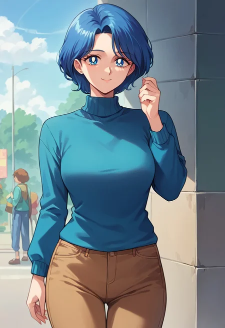 (masterpiece), best quality, a 30-year-old woman with (blue bob hair) and blue eyes, she wears a (cyan blue sweater) (long sleeves) and (brown pants), light smile, mature female, motherly, score_9, score_8_up, score_7_up, source_anime, score_9, score_8_up, score_7_up, sm90s