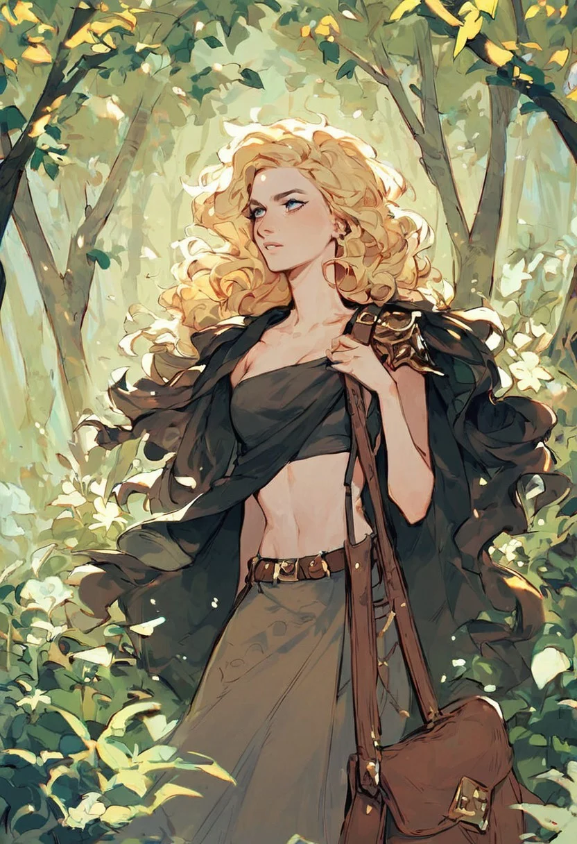 score_9, score_8_up, score_8_up, fantasy, human female, (forest background:1.1), blonde hair, short wavy hair, tube top, black cloak, (shoulder bag:1.1)