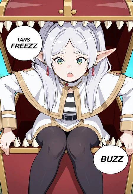 1girl, solo,speech bubble,english text, talking, "Rare Buzz" in the speech bubble, legs visible, head hidden
BREAK
FrierenCasual, striped shirt, white capelet, black belt, white skirt, long sleeves, black pantyhose,grey hair, long hair, green eyes, twintails, parted bangs, earrings, pointy ears, mimic, stuck in mimic,