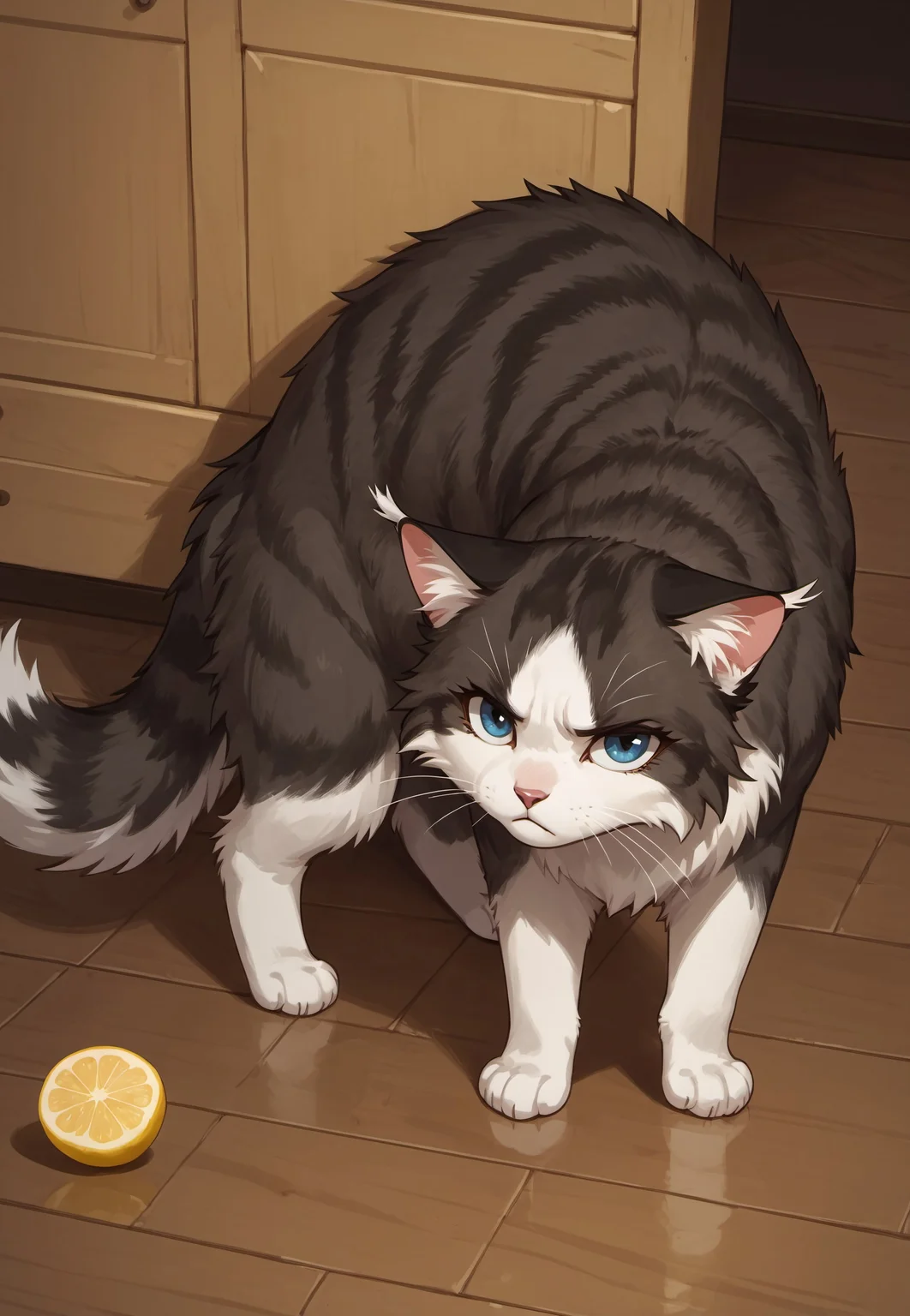 masterpiece, score_9_up, score_8_up, score_7_up, score_6_up, source_furry, (best quality:1.1), ultra-detailed, high resolution, highly detailed macro illustration, solo BREAK 1girl, Tatiana, feral, cat, female, ((white fur)), black fluffy pointed ears, white ear tips, fluff in ears, fluffy tail, (ice blue eyes:1.2), pink animal nose BREAK mikus-concept, arched back, (disgusted expression), narrowed eyes, frown BREAK inside, in the kitchen, (lemon on the floor:1.4) BREAK sharp focus, perfect lighting, anatomically correct, extremely detailed, tranquil setting, high detail, Expressiveh, detailed background, OverallDetail, zPDXL3