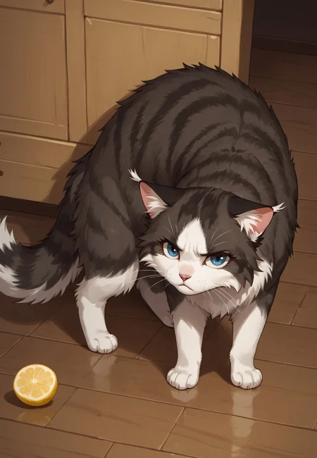 masterpiece, score_9_up, score_8_up, score_7_up, score_6_up, source_furry, (best quality:1.1), ultra-detailed, high resolution, highly detailed macro illustration, solo BREAK 1girl, Tatiana, feral, cat, female, ((white fur)), black fluffy pointed ears, white ear tips, fluff in ears, fluffy tail, (ice blue eyes:1.2), pink animal nose BREAK mikus-concept, arched back, (disgusted expression), narrowed eyes, frown BREAK inside, in the kitchen, (lemon on the floor:1.4) BREAK sharp focus, perfect lighting, anatomically correct, extremely detailed, tranquil setting, high detail, Expressiveh, detailed background, OverallDetail, zPDXL3