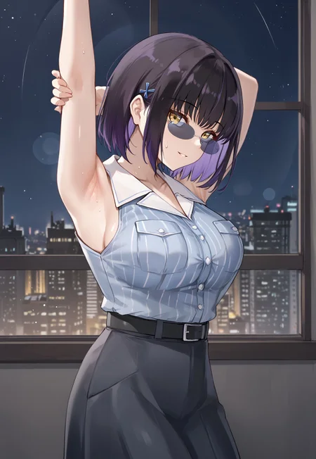 MorridowCasual, sleeveless shirt, large breasts, black hair, bangs, short hair, blue shirt, black belt, sunglasses, collared shirt, bare shoulders, long skirt, multicolored hair, breast pocket, hair ornament, yellow eyes, black skirt, collarbone, striped, purple hair, shirt tucked in,

looking away, head tilt, light smile, arms up, stretching, armpit, sweat, sweatdrop, from side,
 
window, city, cityscape, dark, night, night sky,

1girl, solo, solo focus, highres, absurdres, light particles, shade, lens flare, shiny skin, fine fabric emphasis,
