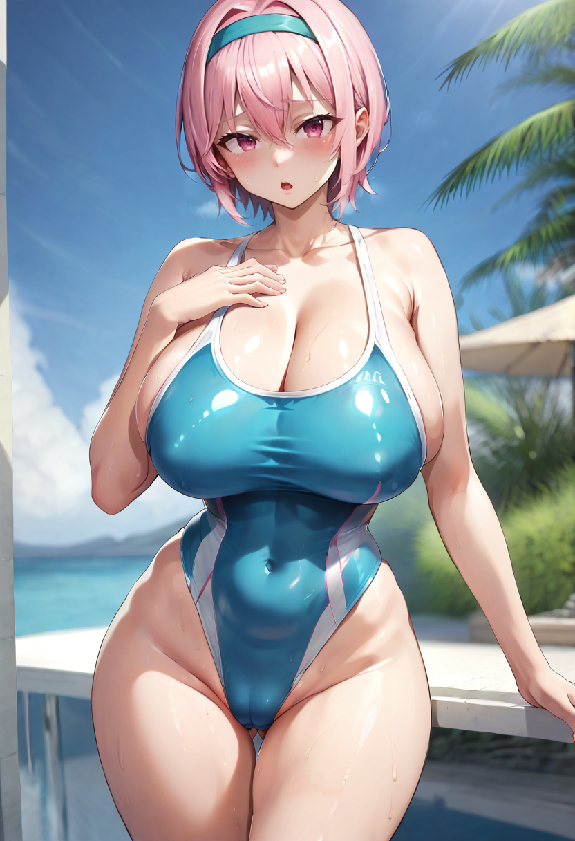 score_9, score_7_up,  1girl, 
huge breasts, wide hips, thick thighs, hairband, hand on own chest, bare arms, thighs, cowboy shot, one-piece swimsuit, arm at side, open mouth, highleg, blush, alternate costume, shiny skin, short hair, pink eyes, swimsuit, pink hair, hair between eyes, looking at viewer, collarbone, highleg swimsuit, bare shoulders, casual one-piece swimsuit, breasts, aqua hairband, solo, standing, cleavage, aqua one-piece swimsuit
 <lora:dikko-Style-PonyXL-GLoRA-000047:1>