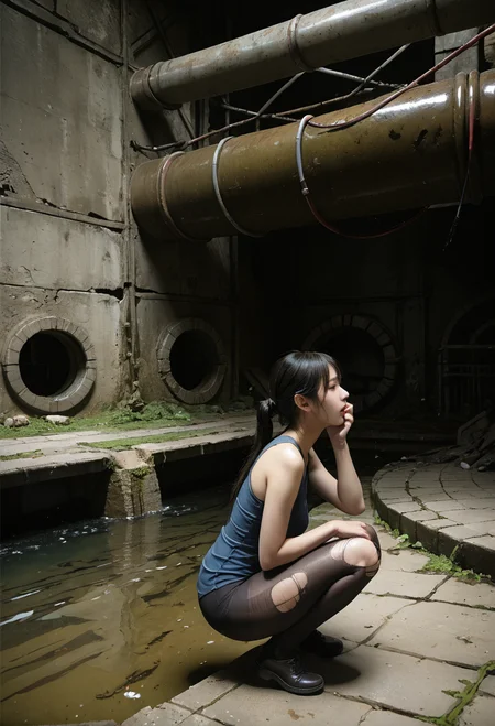 ,ruanyi0826,ruins,water,cable,indoors,drainpipe,dark,
1girl,solo,torn clothes,squatting,knees to chest,torn pantyhose,<lora:0826 abandoned sewer_v1_pony:1>, score_9,score_8_up,score_7_up,,8k,1girl,solo,,