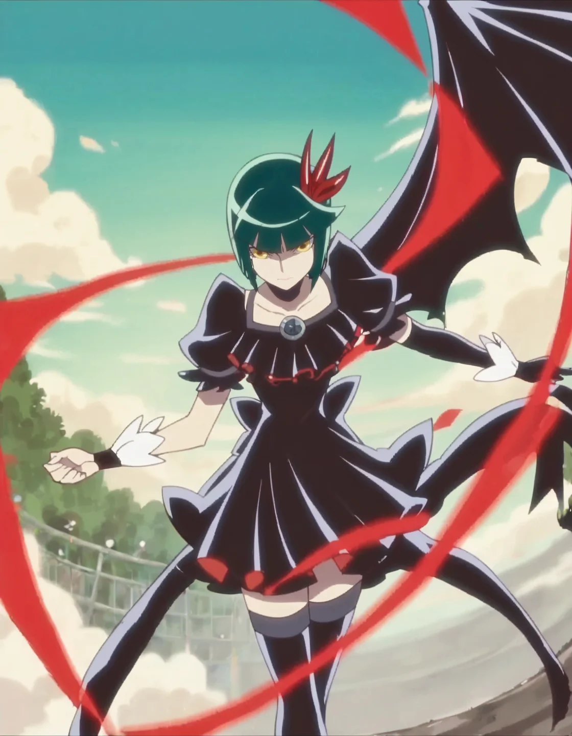 score_9, score_8_up, score_7_up, 1girl, solo, anime screencap, thighhighs, wings,single wing, yellow eyes, green hair, short hair, gloves, bob cut, elbow gloves, black choker, dress, hair ornament, zettai ryouiki, bow, wrist cuffs ,battle,<lora:darkprecure:0.8>