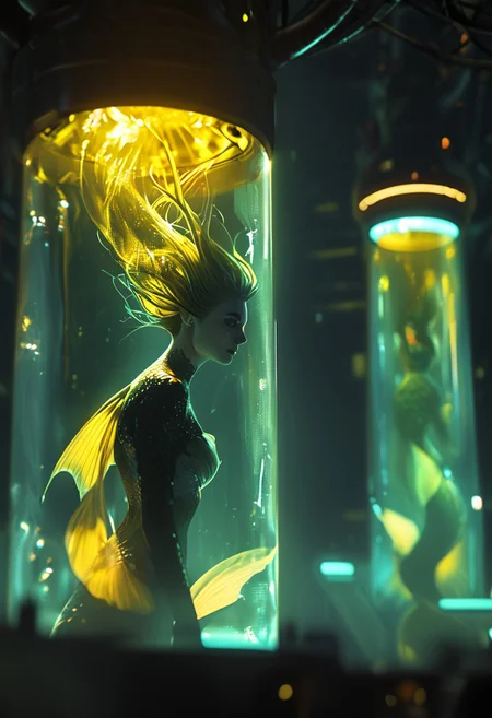 score_9, score_8_up, score_7_up, score_6_up, Mermaid with Large translucent dark-yellow Fin tail floating in stasis-tank, cyberpunk, backlight, a dark eerie laboratory background, closeup portrait, atmospheric haze, Film grain, cinematic film still, shallow depth of field, highly detailed,