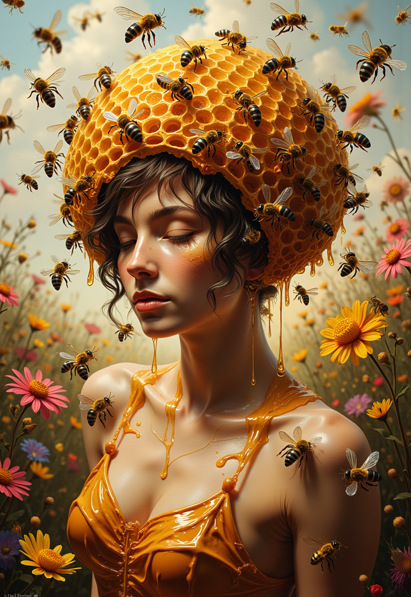 Stunning beautiful, masterpiece, raw quality, best quality, extremely detailed.Create a semi-realistic painting of a person with a beehive instead of a head, embodying an intriguing blend of nature and humanity. Surround them with a flurry of buzzing bees, creating a dynamic and lively atmosphere. Lot of honey drips from the openings of the hive, to the lips, glistening in the light and pooling around their shoulders, honey flows down onto the chest, enveloping the body. The background features a dreamy landscape filled with vibrant flowers, enhancing the surreal quality of the scene. Capture the person's body language, suggesting a calm yet whimsical demeanor, as if they are at one with the swarm of bees. The lighting should be warm and inviting, casting soft shadows that highlight the textures of the beehive and the sweetness of the honey. This composition aims to evoke a challenging the viewer's perception of identity and nature.
<lora:ImageUpgraderV2:0.65> detailmaximizer  <lora:ARTifacts:0.7> art1fact <lora:fluxenhancer:0.3> fluxenhancer