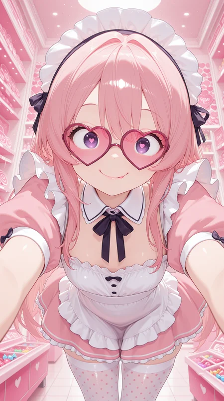 1girl,  heart-shaped glasses, polka dot tights, playful pose, candy store background masterpiece, best quality, amazing quality, very aesthetic, absurdres, detailed eyes, newest, <lora:CivChan:1>, CivChan, purple eyes, pink hair,