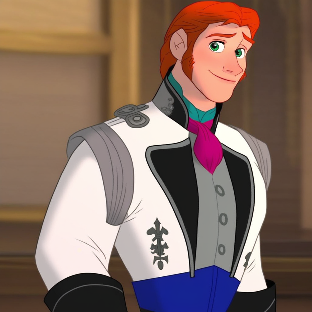 1boy, solo, Prince_Hans, ginger hair, side burns, green eyes, prince hans royal outfit, standing