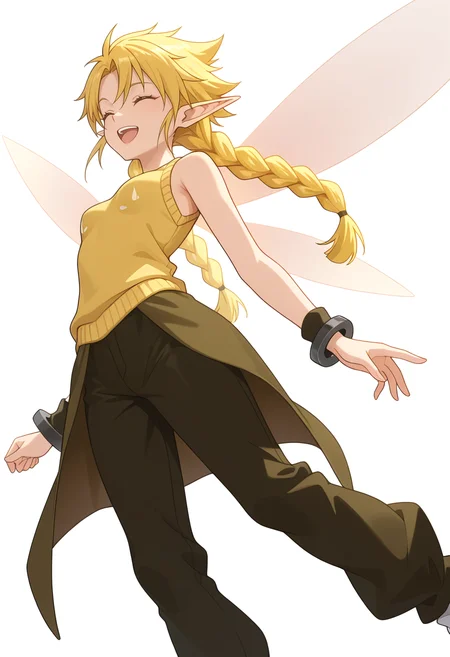 Smooth Quality,masterpiece,very intricate, high quality details, ultra realistic, high detailed skin,detailed enviorement,absurdres, 
simple background, white background, 
from below,dancing,
^o^,solo, 
 <lora:Ramiriscnn:0.8> ramiriscnn, 1girl, fairy, minigirl, blonde hair, yellow eyes, pointy ears, long hair, twin braids,small breasts,fairy wings, bare shoulders, sweater vest, ,coat, ,cuffed pants,  ,