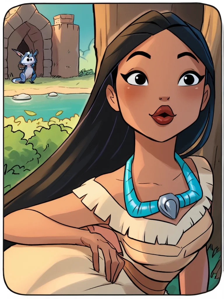 score_9, score_8_up, score_7_up, pocahontas, dark skin, aged down,    <lora:princesscomic_pony_v1:0.95>