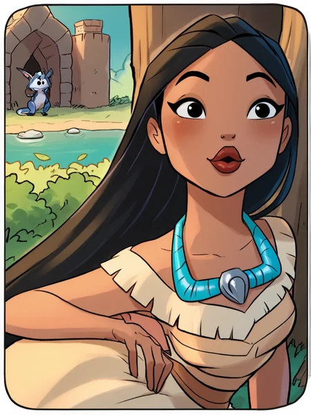 score_9, score_8_up, score_7_up, pocahontas, dark skin, aged down,    <lora:princesscomic_pony_v1:0.95>