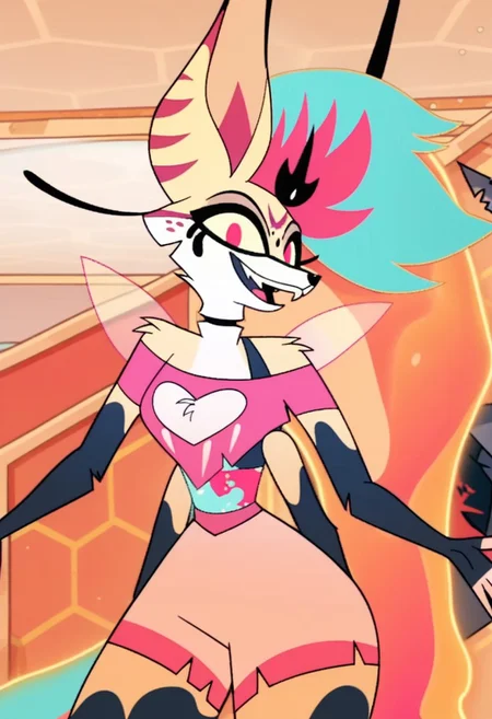 Score_9, score_8_up, score_7_up, score_6_up, score_5_up, score_4_up, 1girl, solo, big hips, thighs, cartoon_screencap, screencap, QueenB, Anthro Fennec Fox, Furry Female, Mohawk Hair, Ethereal Hair, Multicolored Hair, Pink Eyes, Yellow Sclera, Long Eyelashes, Running Mascara, Yellow Fur, White Fur, Striped Ears, Multicolored Midriff, Pixie Wings, Four Arms, Black Choker, Off-shoulder Top, Pink Crop Top, Black Bra, Clothing Cutout, Heart Shaped Cutout, Midriff, Pink Shorts, looking at viewer, smile, fangs, open mouth