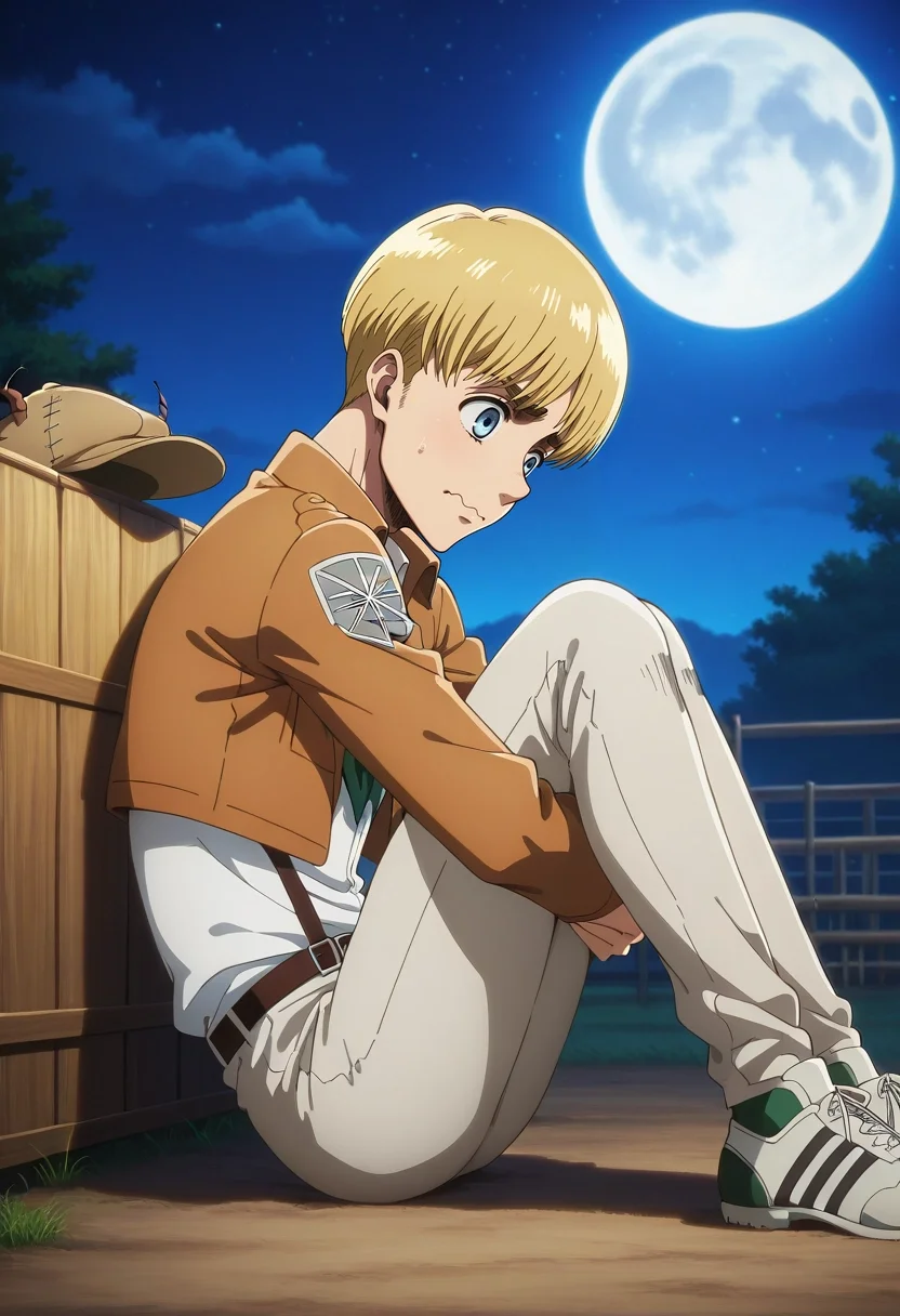 masterpiece, best quality, intricate details, anime screencap, , , , , 1boy, solo, male focus, <lora:armin_arlert_ilxl:1>, armin_arlert, blonde hair, blue eyes, very short hair, bowl cut, bangs, paradis military uniform, from side, farm, plantation, night, full moon, legs up, wavy mouth, closed mouth, Linen-cotton trousers, Western shirt, Chukka sneakers, Cricket hat, and andNeckerchief