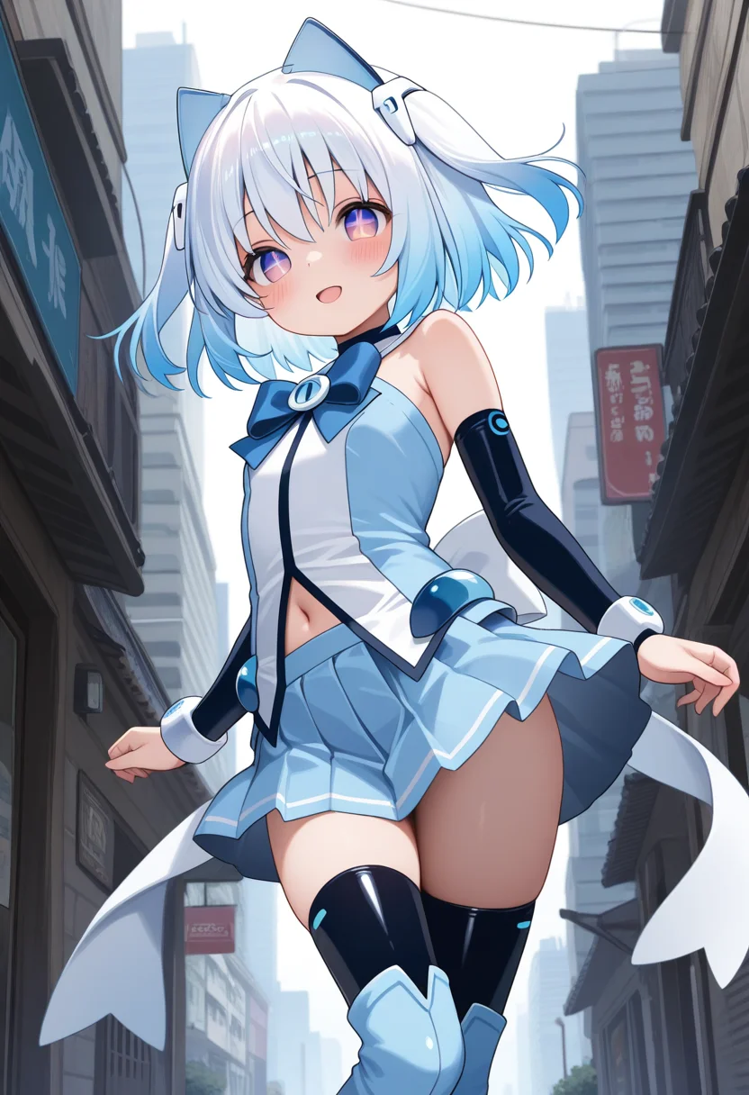 1000-chan, blue hair, animal ears, cat ears, purple eyes, gradient eyes, short hair, gradient hair, white hair ornament, symbol-shaped pupils, flatchest,
blue bow, bare shoulders, arm warmers, white anklet, blue detached sleeves, blue pleated skirt, navel peek, white back bow, zettai ryouiki, black thighhighs under boots, blue thigh boots,
<lora:1000-chan_Illustrious-XL-2.0_v1:1>, masterpiece,best quality,amazing quality, solo,1girl,, standing, (dynamic pose) , blush,
looking at viewer,cowboy shot,open mouth,light smile,
(outdoors,city )