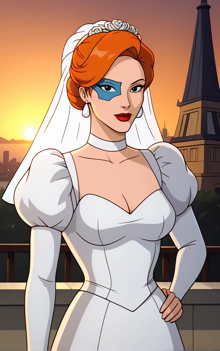 score_9, score_8_up, score_7_up, looking at viewer, BREAK
WeddingDress_FoxXanatos_ownwaifu,
1girl, eye mask, facial tattoo, green eyes, hair bun, hair ornament, lipstick, orange hair, makeup, red lips, medium breasts,
wedding dress, veil, choker, earrings, jewelry, puffy sleeves, dress, white dress, bridal veil, cleavage, juliet sleeves, long sleeves, white choker, collarbone, scarf
(contrapposto, hand on hip), sunset, sidelighting, cityscape, outdoors, <lora:PONYXL_Gargoyles_FoxXanatos_ownwaifu:1> , depth of field, solo,