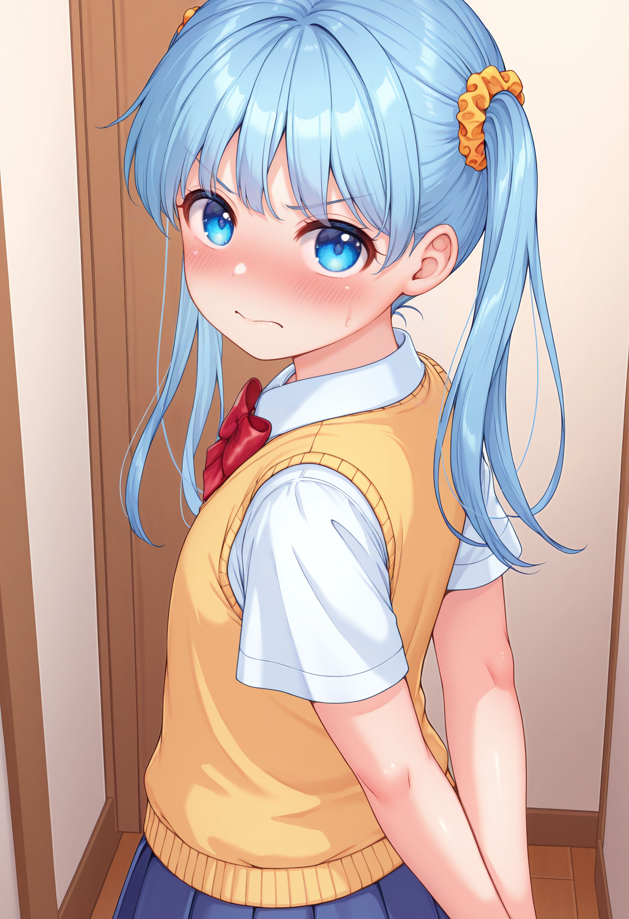 highres, best quality, masterpiece, indoors,
1girl, solo, otomoyki, long hair, blue hair, blue eyes, twintails, hair scrunchie, flat chest,
school uniform, red bowtie, short sleeves, white shirt, yellow vest, pleated skirt, blue skirt,
looking at viewer, blush, embarrassed,
from side, angry, arms behind back, 
<lora:_yuki_otoomo-elesico-ilxlD:1>