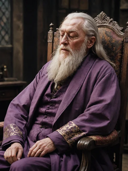 an old wizard man sleeping on a chair, albus dumbledore, solo, sitting on a chair, peaceful, sleeping, closed eyes, wearing glasses, digital painting, pale skin,highly detailed face, white hair, long beard, wearing a dull purple robe, 1950s,dark background,warm colors, RAW candid cinema,16mm,color graded portra 400 film,remarkable color,ultra realistic, captured on a (Nikon D850) <lora:harry_potter_v1:1>