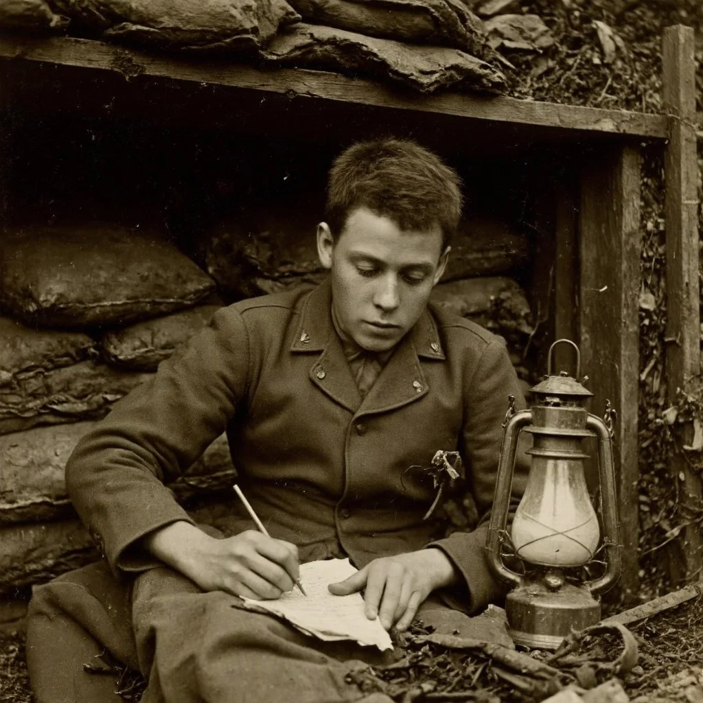A young World War 2 soldier sits in a dimly lit bunker, surrounded by sandbags and worn military gear. He writes a heartfelt love letter to his wife back home, his trembling hand holding a pencil over a crumpled piece of paper. A single tear rolls down his cheek, illuminated by a faint lantern glow. The air is thick with dust and the distant echoes of warfare. The scene is gritty, realistic, and deeply emotional, captured in a sepia-toned photographic style, evoking the weight of war and longing. An aged worn sepia monochrome 1800s photograph.