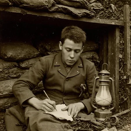 A young World War 2 soldier sits in a dimly lit bunker, surrounded by sandbags and worn military gear. He writes a heartfelt love letter to his wife back home, his trembling hand holding a pencil over a crumpled piece of paper. A single tear rolls down his cheek, illuminated by a faint lantern glow. The air is thick with dust and the distant echoes of warfare. The scene is gritty, realistic, and deeply emotional, captured in a sepia-toned photographic style, evoking the weight of war and longing. An aged worn sepia monochrome 1800s photograph.