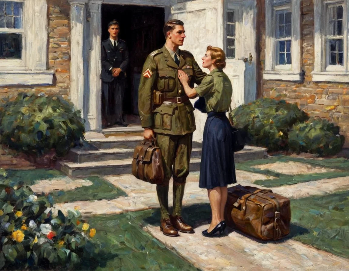 A Cornwall painting depicting a an emotional scene of a young man in a new US Army Uniform, carrying a large duffel bag, saying goodbye to his mom and dad before going off to war in the Spring of 1942. His mother has an expression of worry and sadness, his father, dressed in a suit, looks both proud and hopeful. at the doorway of their home, close up <lora:DCornwall-000005:1>
