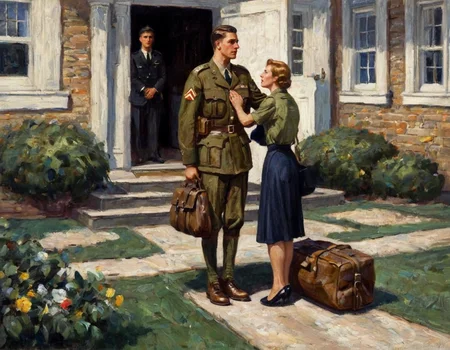 A Cornwall painting depicting a an emotional scene of a young man in a new US Army Uniform, carrying a large duffel bag,  saying goodbye to his mom and dad before going off to war in the Spring of 1942. His mother has an expression of worry and sadness, his father, dressed in a suit,  looks both proud and hopeful. at the doorway of their home, close up  <lora:DCornwall-000005:1>