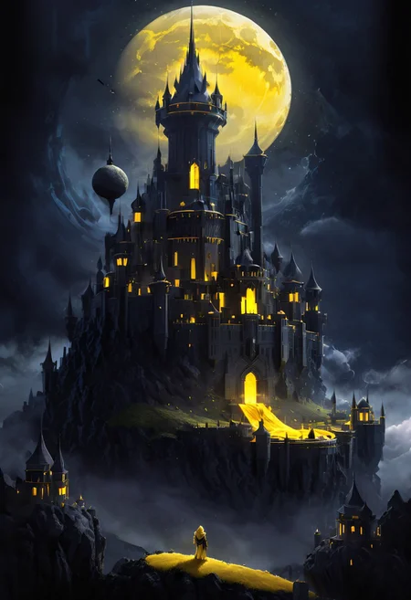 castle,
A traveler looking at a gigantic castle made of dozens of towers, medical, white, grass,matchcraft floating island , floating island, towers , sky , fly , cloud,castle, matchcraft floating island, dark, chiaroscuro, low-key, Dark Fantasy page, moon , yellow moon , light yellow