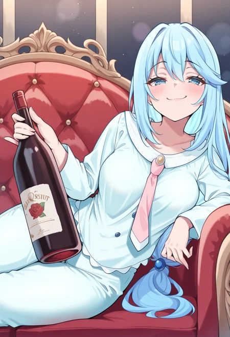 masterpiece, best quality, high quality, anime, <lora:AEAquaIlx:1> AEAquaPaj, blue eyes, blue hair, hair ornament, low-tied long hair, pajamas, pink necktie,
holding bottle, alcohol, wine bottle, couch, sitting, leaning to the side, smug,